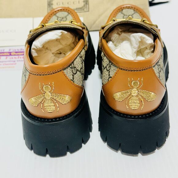 Gucci Women US 6.5 Platform Loafers Beige GG Monogram Horsebit Shoes NIB $1,150 - Picture 9 of 13
